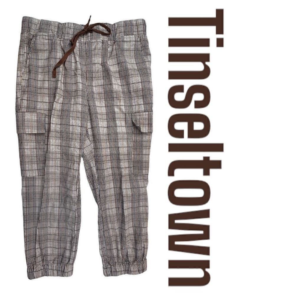 Tinseltown Cargo Pants Women's XL Brown Gray Plaid High Rise Pull-On Drawstring